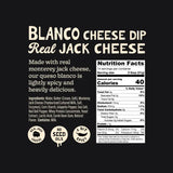 Label for Blanco Cheese Dip with nutritional information and ingredient list on a black background