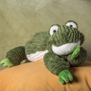 Green plush frog toy on a brown surface with a neutral background