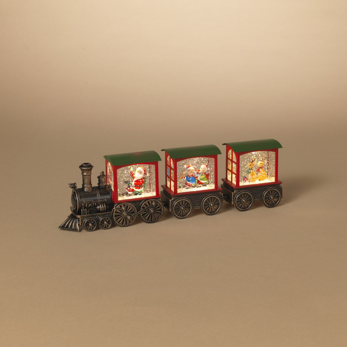 Decorative train set with animated characters on a beige background