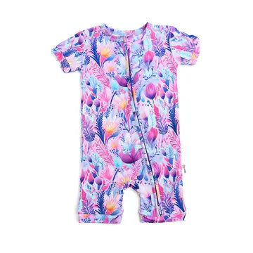 A multicolored floral shorty zip one-piece baby garment with a 2-way zipper