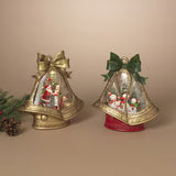 Two decorative Christmas bells with animated scenes inside on a beige background