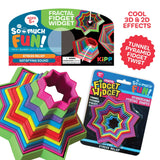 Colorful fidget toys with packaging and promotional text on a white background