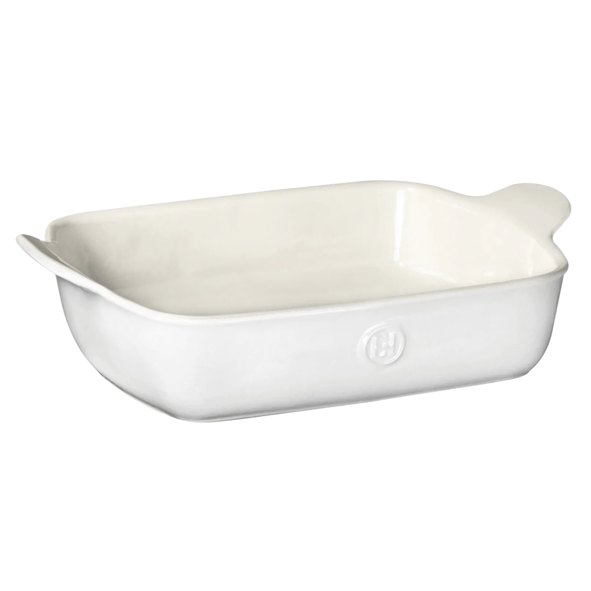 White ceramic baking dish with a brand logo on a white background