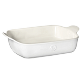 White ceramic baking dish with a brand logo on a white background