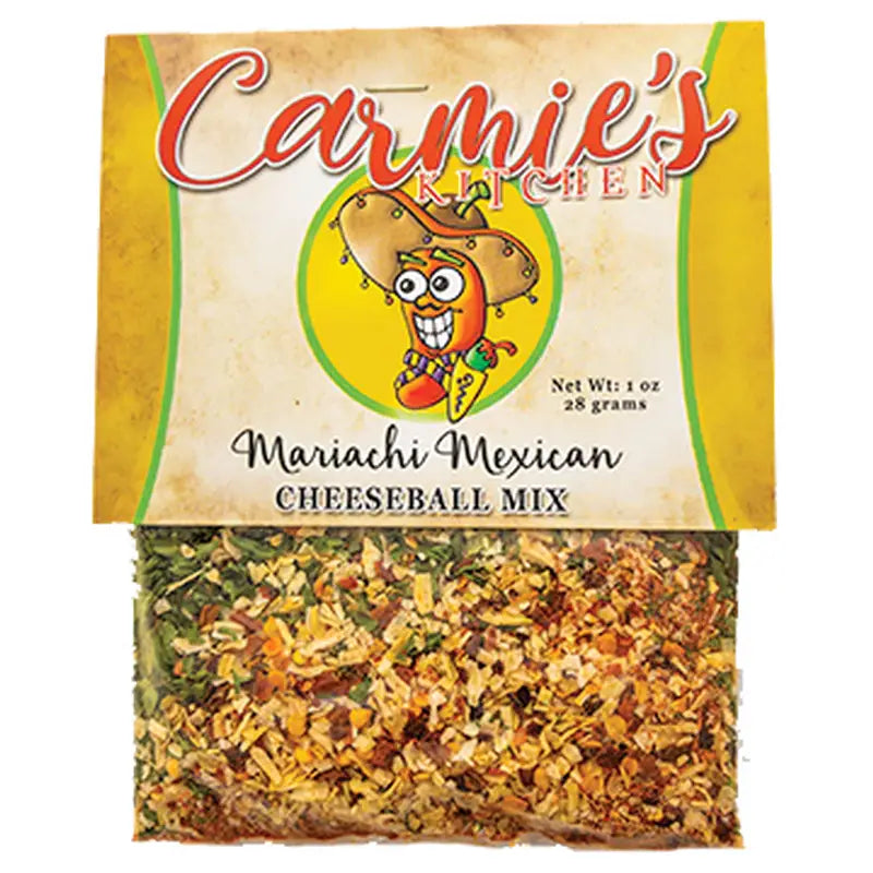 Carmie's Kitchen Mariachi Mexican Cheeseball Mix packaging with visible cheeseball mix inside.