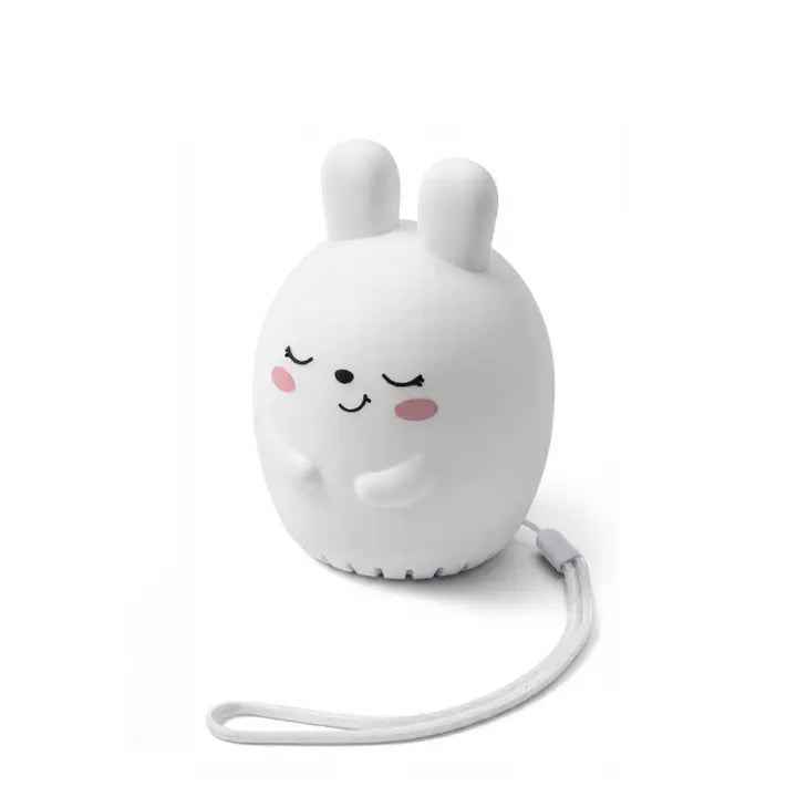 A white, rabbit-shaped portable heater or humidifier with a cute cartoon face and a matching wrist strap, shown on a clean white background.
