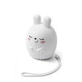 A white, rabbit-shaped portable heater or humidifier with a cute cartoon face and a matching wrist strap, shown on a clean white background.