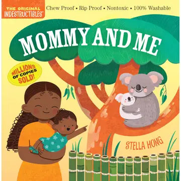 Children's board book cover titled 'Mommy and Me' by Stella Hong, featuring a colorful illustration of a woman holding a baby under a tree with a koala, on a yellow background.