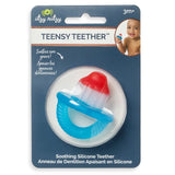 Itzy Ritzy Teensy Teether packaging with blue and red teether on a white background