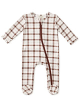 A baby footed sleeper with long sleeves and a front zipper, featuring a brown and white plaid pattern on a white background.
