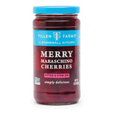 Jar of Tillen Farms Merry Maraschino Cherries on a white background