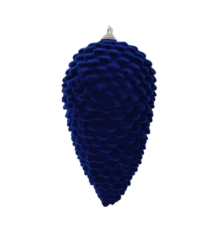 A dark blue velvet pinecone-shaped Christmas ornament with a silver hanging loop, shown against a plain white background.