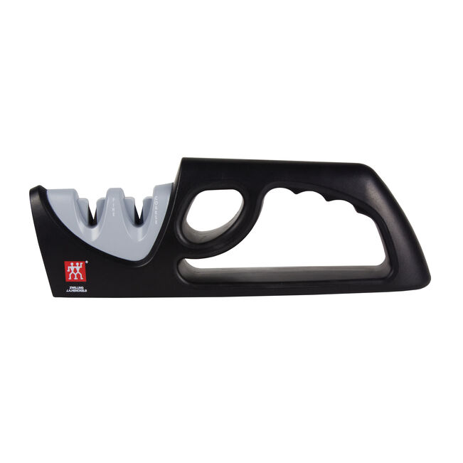 Black and gray knife sharpener on a white background
