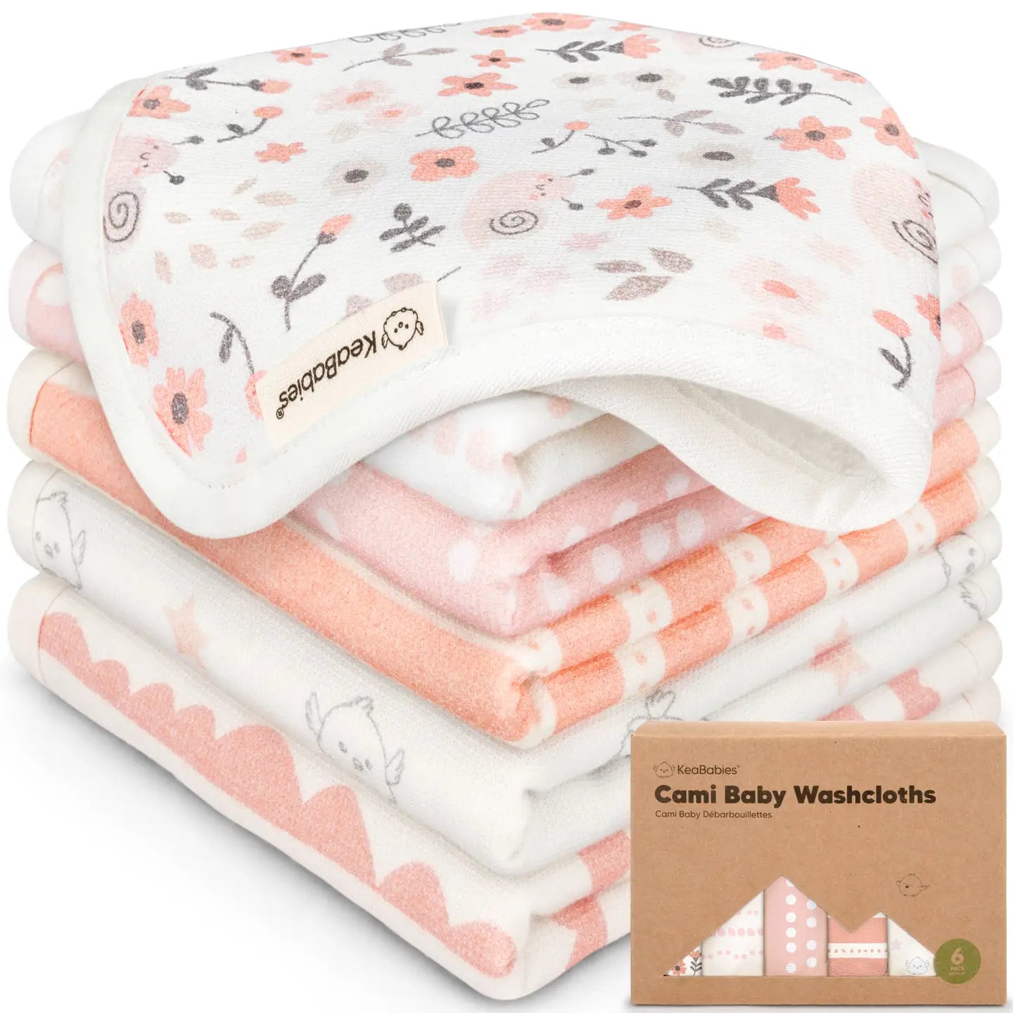 Stack of baby washcloths with floral and animal patterns, featuring the brand 'KeaBabies'.