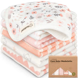 Stack of baby washcloths with floral and animal patterns, featuring the brand 'KeaBabies'.