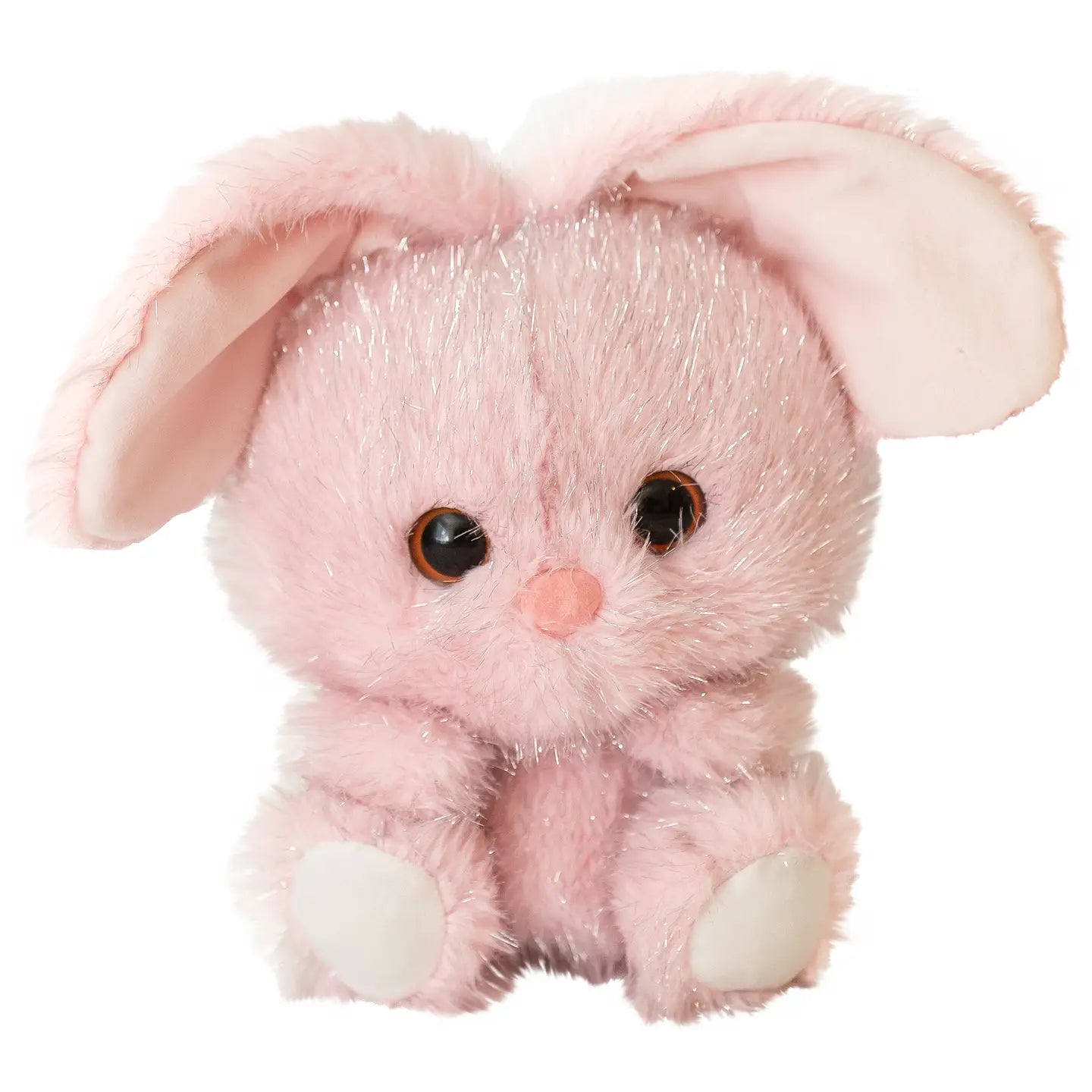 Pink plush bunny toy with large ears on a white background