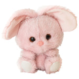 Pink plush bunny toy with large ears on a white background