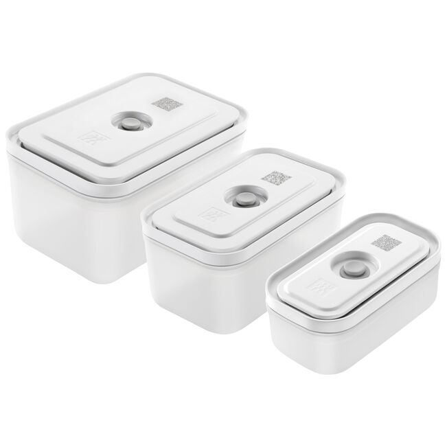Set of three white rectangular containers with lids on a white background