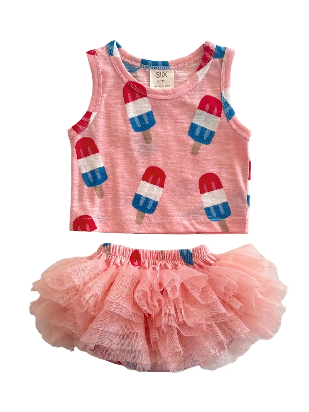 Children's outfit with red, white, and blue popsicle pattern tank top and pink tutu skirt on a white background.