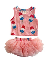 Children's outfit with red, white, and blue popsicle pattern tank top and pink tutu skirt on a white background.