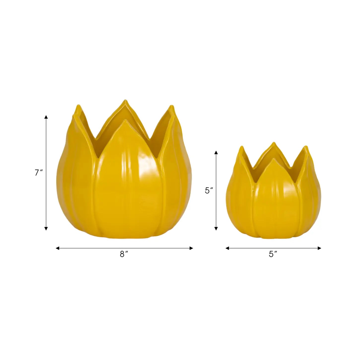 Two yellow ceramic pots with measurements on a white background