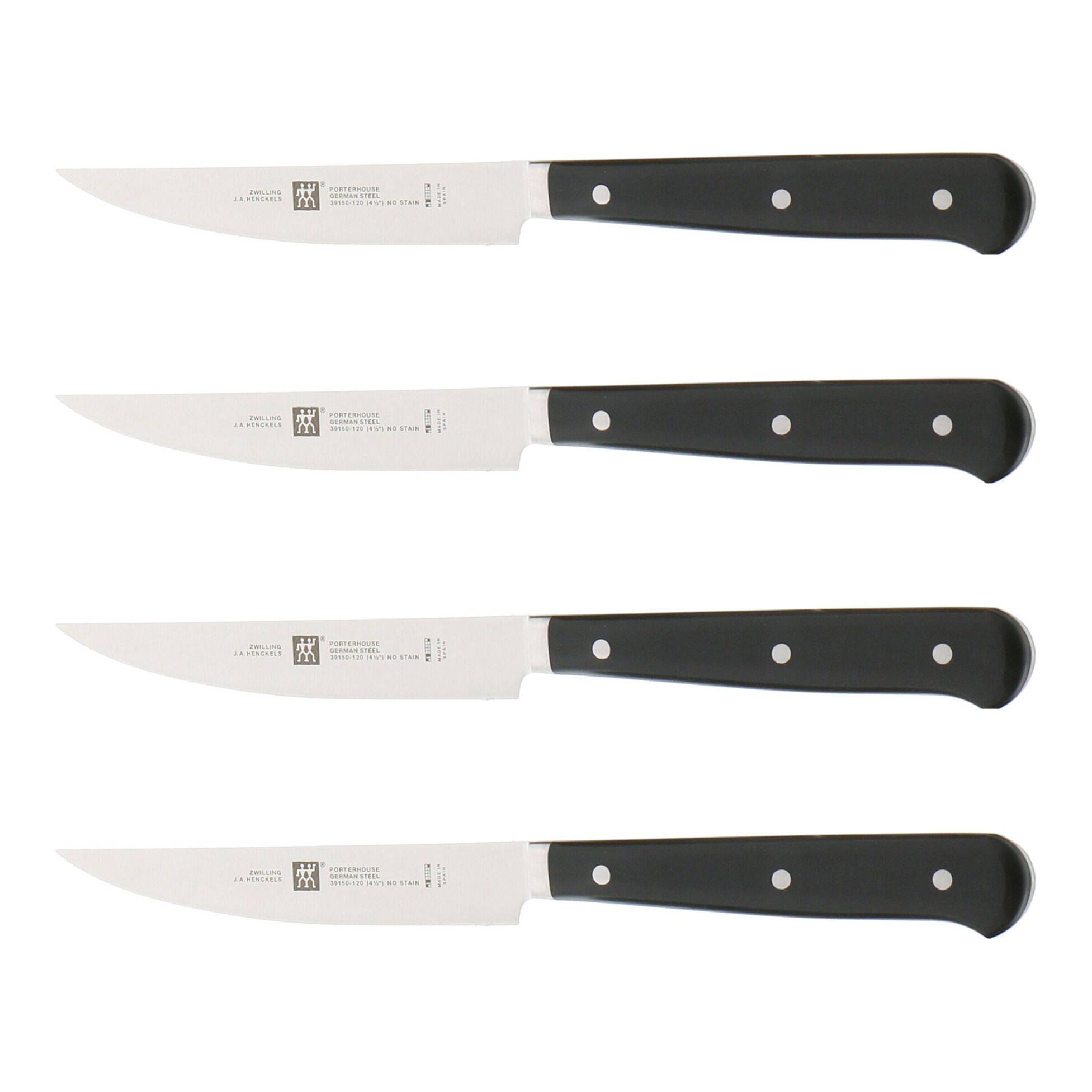 FourZWILLING knives with black handles on a white background