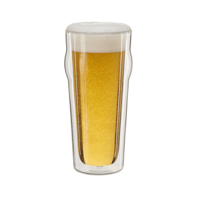 Double-walled glass with beer on a white background