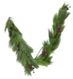 A green pine garland with small brown pinecones, arranged in a U-shape on a plain white background.