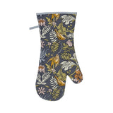 Floral and bird patterned oven mitt on a white background