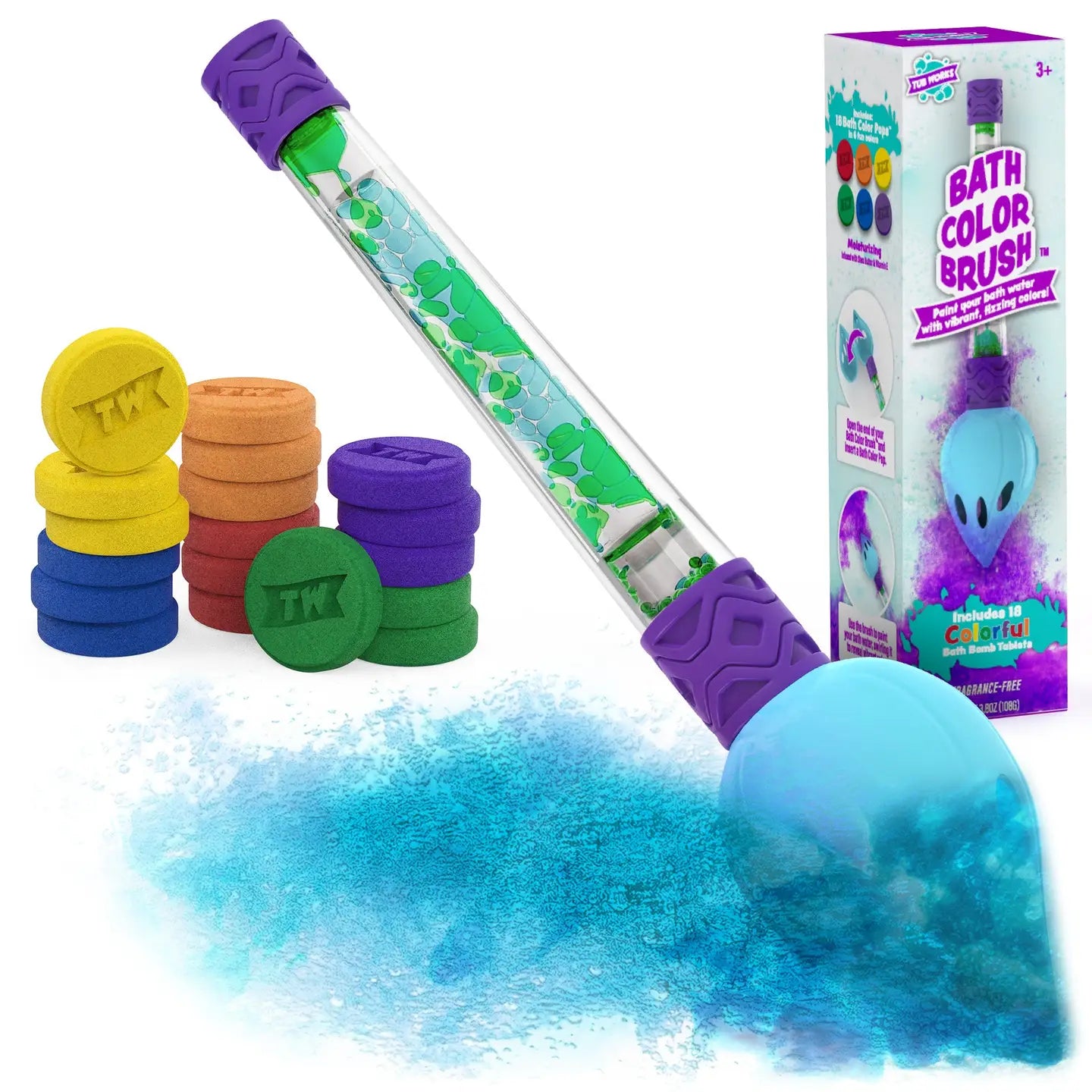 Bath color brush set with colorful brush heads and packaging on a white background