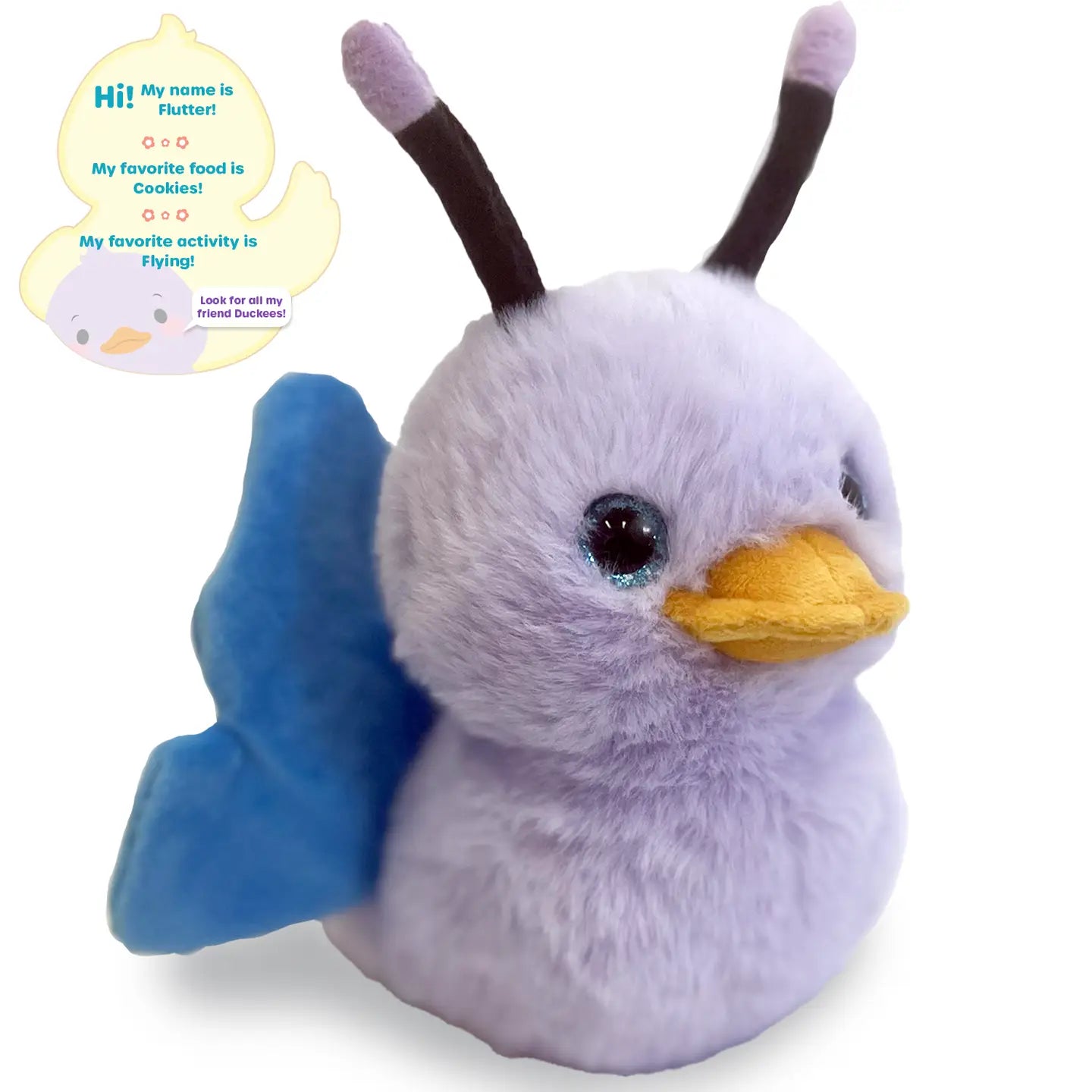 Plush toy duck with butterfly wings on a white background