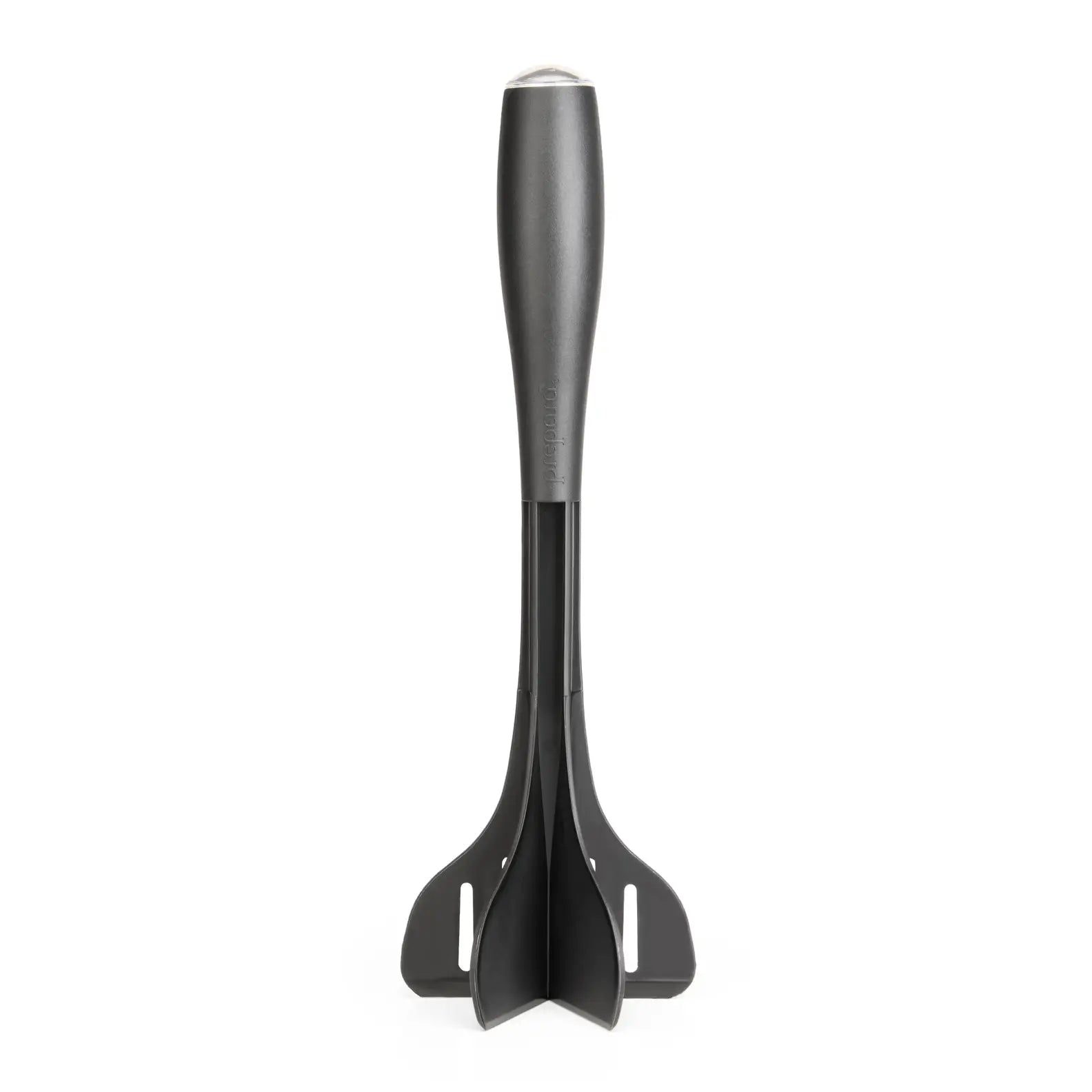 A dark gray silicone kitchen tool with a handle and three prongs, shown vertically on a plain white background.