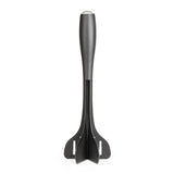 A dark gray silicone kitchen tool with a handle and three prongs, shown vertically on a plain white background.