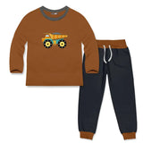 A children's two-piece pajama set featuring a long-sleeve brown shirt with a colorful dump truck graphic and a dark navy jogger pants set with a brown waistband and cuffs.
