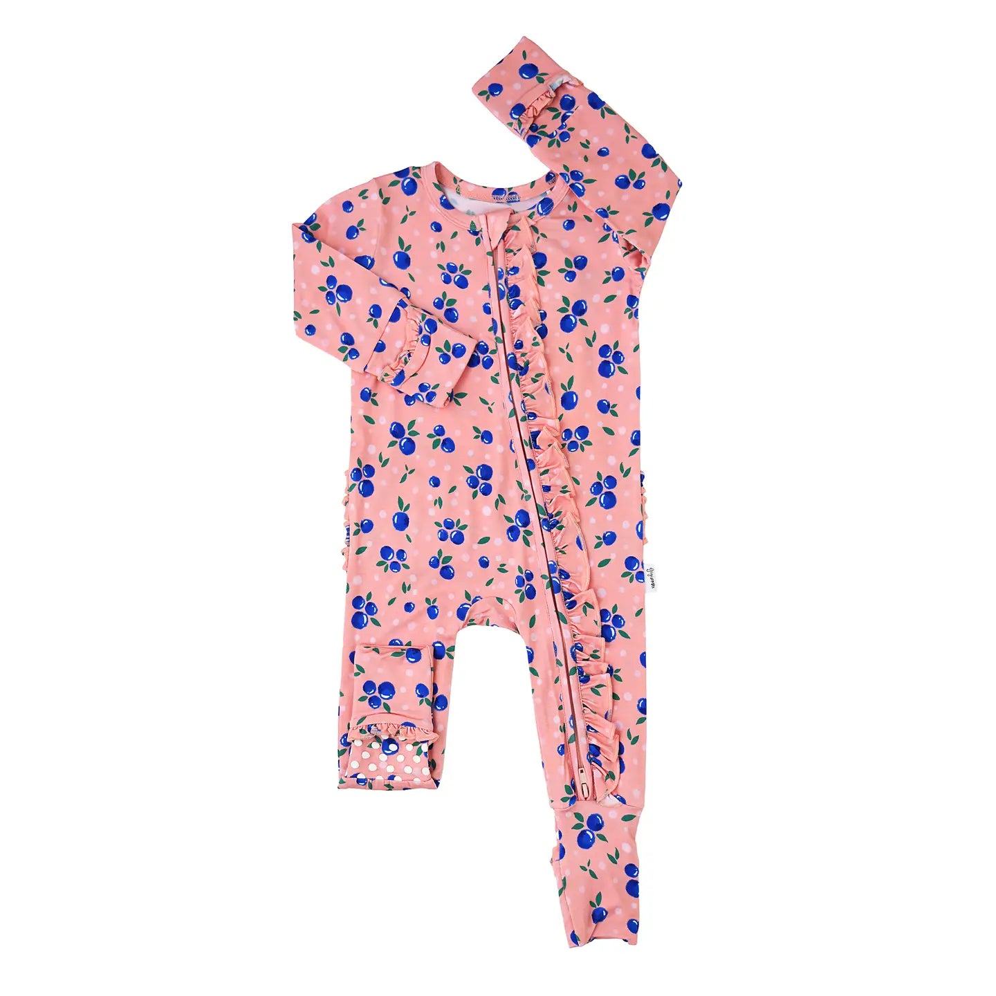 Pink baby romper with blue floral pattern on a white background