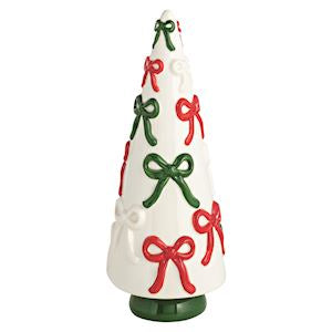 Decorative Christmas tree with red and green bows on a white background