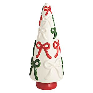 Decorative Christmas tree-shaped salt and pepper shaker with red and green bows on a white background