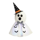 A plush Halloween ghost decoration with a black pointed witch hat, black facial features, a black-and-white striped bow, and small black bat silhouettes on a white cape, shown on a plain white background.