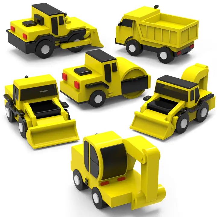 Set of yellow toy construction vehicles on a white background