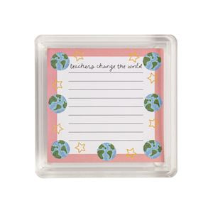 Notepad with 'Teachers change the world' text and Earth illustrations on a white background