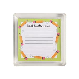 Notepad with colorful pencils and 'best teacher ever' text on a white background