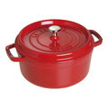 Red cast iron cookware pot on a white background