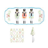 A holiday-themed dinnerware set featuring a rectangular platter with three nutcracker illustrations, a matching square napkin, and a small knife with a tree-shaped handle, all on a plain white background.