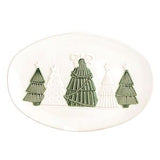 Three green tree-shaped earrings on a white oval background
