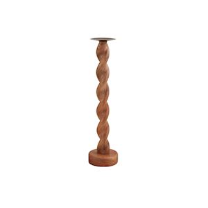Wooden candle holder with twisted design on a white background