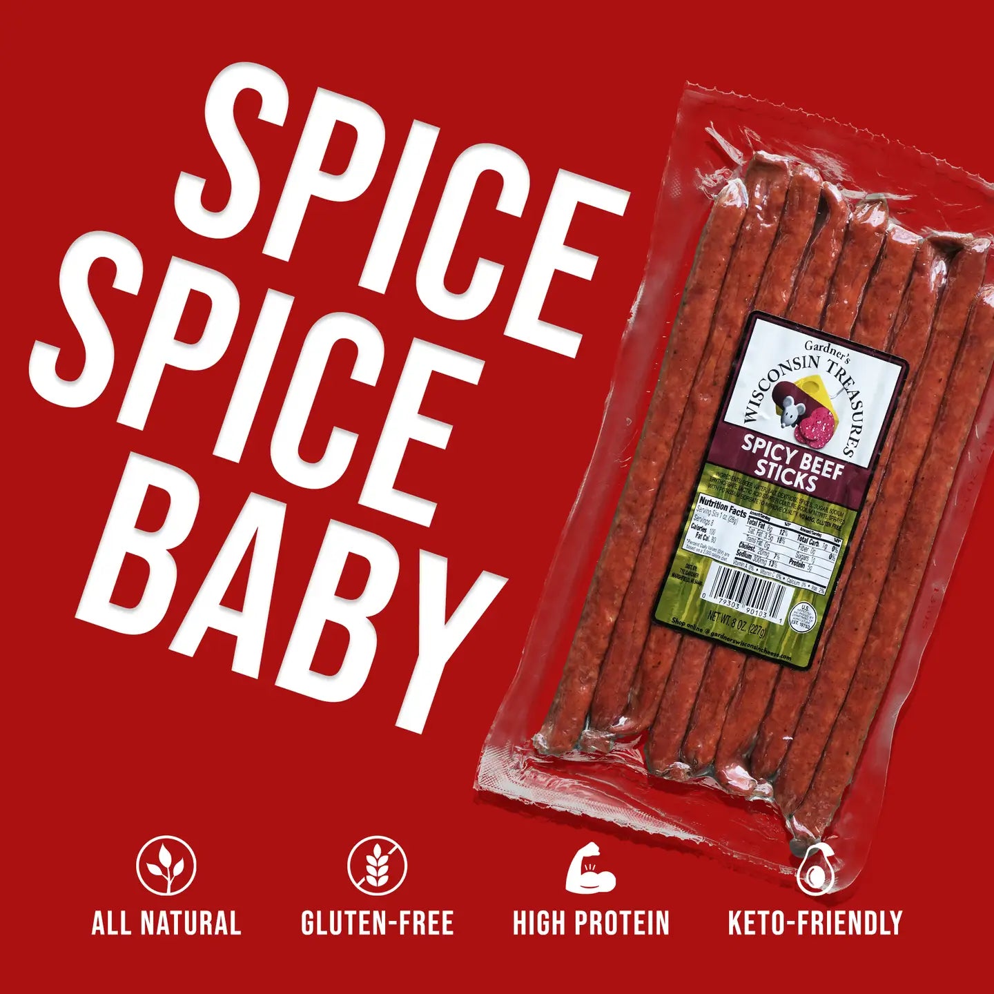 Packaged spicy beef sticks with 'Spice Spice Baby' text on a red background