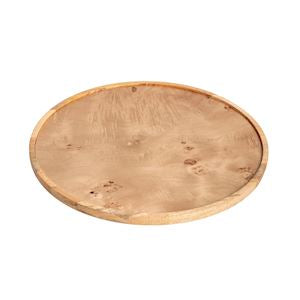 A round wooden serving board or tray with a natural burl wood grain pattern, shown on a plain white background.