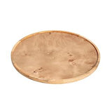 A round wooden serving board or tray with a natural burl wood grain pattern, shown on a plain white background.