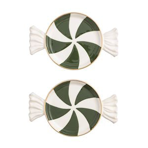 Two decorative candy-shaped plates with green and white striped design on a white background