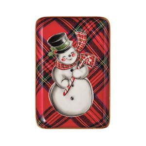 Rectangular tin with a snowman design on a red plaid background